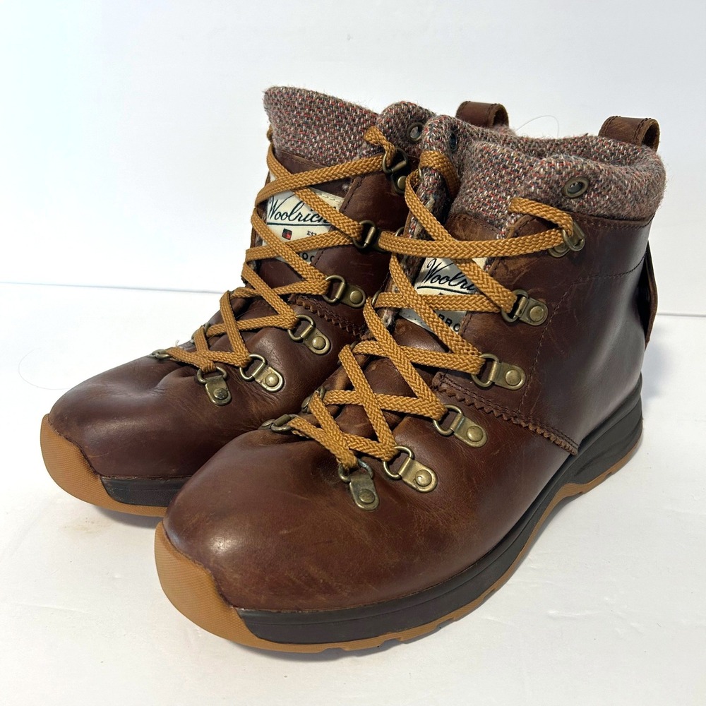 Woolrich Rockies II Hiking Boots Women 7.5 Brown Leather Waterproof Tweed Rugged